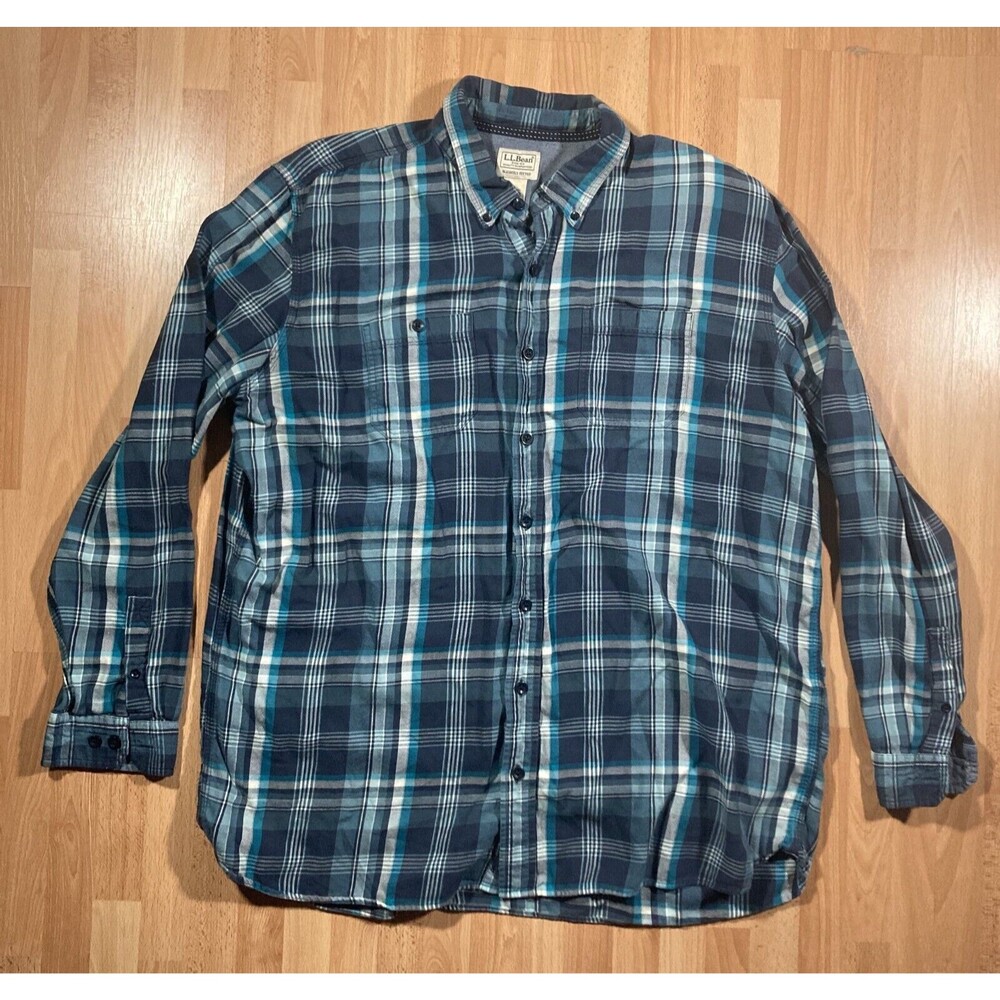 L. L. Bean Flannel Plaid Teal Shirt (Men’s Size XXL Tall) EUC • Slightly Fitted